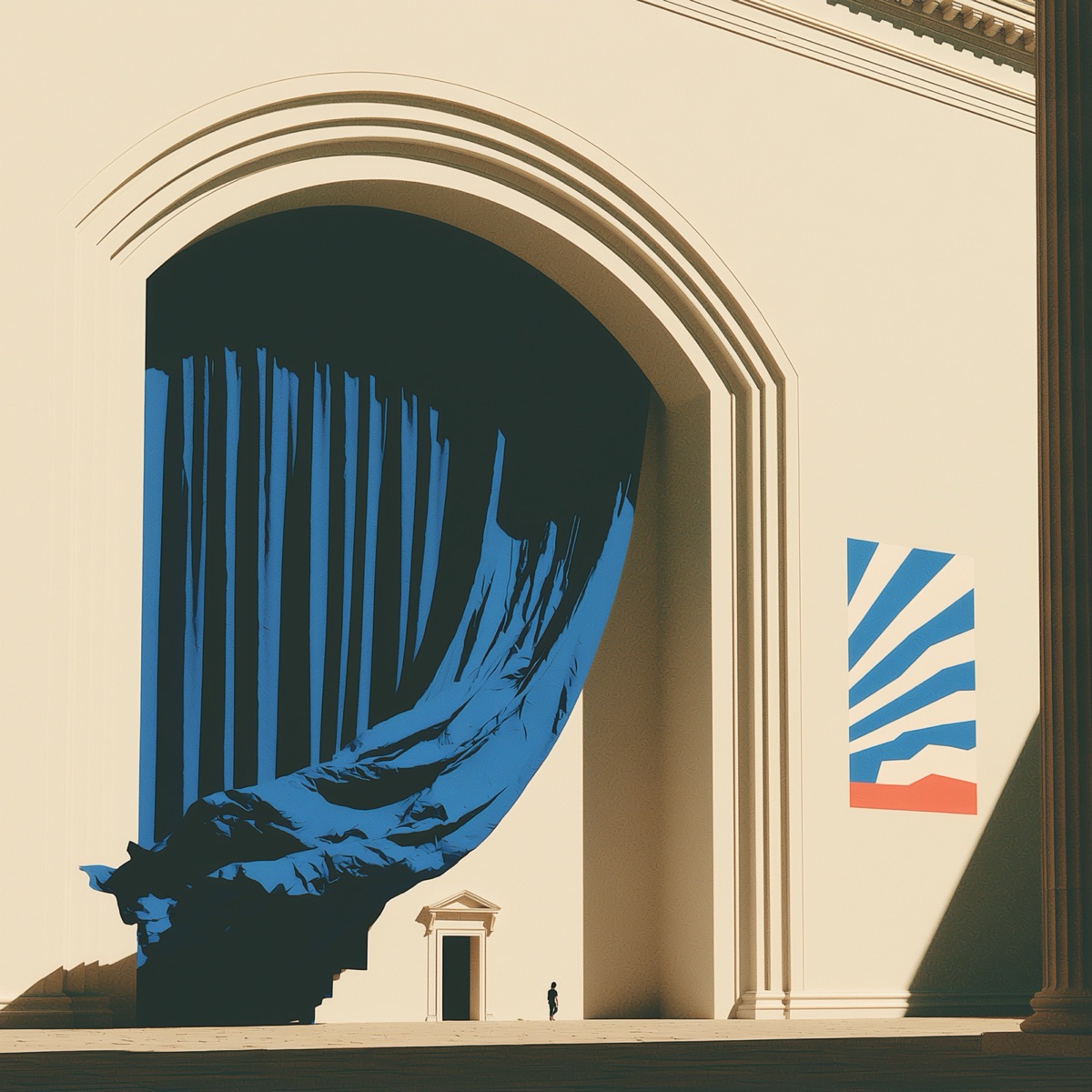 monumental blue curtain in an ivory arch